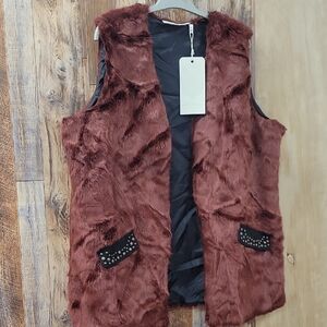 1 Burgundy Faux Fur Vest with Studded Pockets + 1 Blue Faux Fur Vest XL